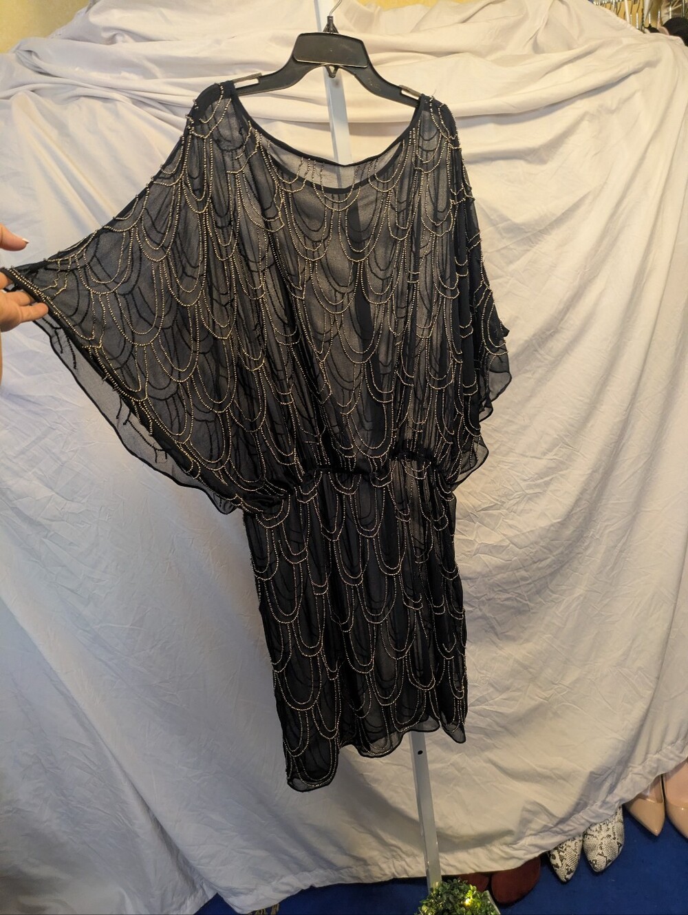 Vintage Navy Sheer & SilverBeaded Drape Sleeve MiniDress Art Deco Scallop Detail